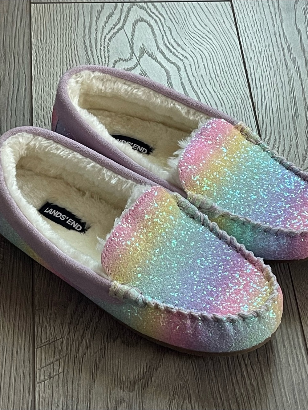 NWOT Lands’ End Lavender Rainbow Pastel Glitter Kids Size 5 Moccasin Slippers